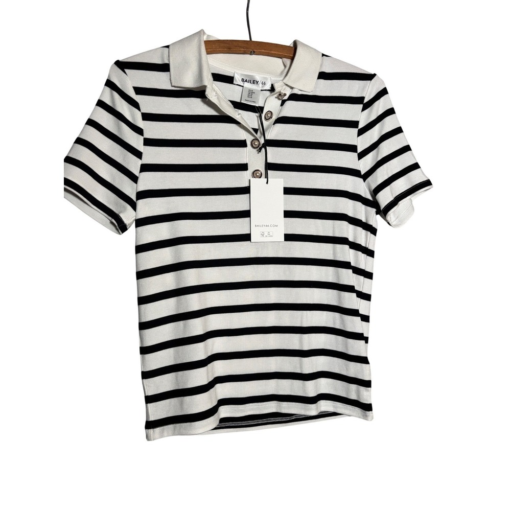 NWT Bailey 44 Womens M Striped Ribbed Polo Shirt Pearl Button Preppy Nautical